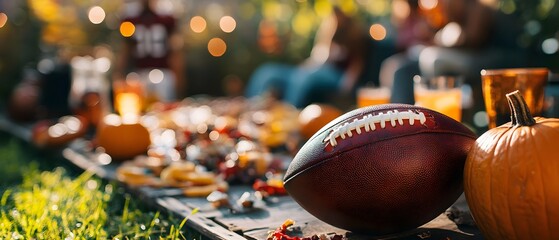 Festive autumn tailgate party scene before an American football game on Halloween  football equipment on a table in a stadium parking lot