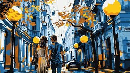 Couple taking a leisurely walk through a city street, illustrated with precise 3D shading and ultra-sharp clarity