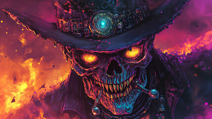 Skull zombie cyborg head with glowing eyes wearing hat, neon background