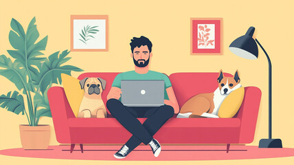 A man working on his laptop at home surrounded by his two dogs on a cozy couch in a bright, cheerful living room