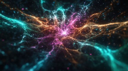 A vibrant, abstract depiction of cosmic network with colorful, glowing strands of light in dark space background. 