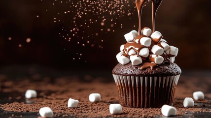 Wall Mural - A rich chocolate cupcake topped with mini marshmallows and drizzled with melted chocolate, perfect for dessert lovers.