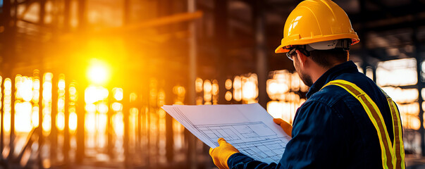 Construction worker reviewing blueprints at sunset, symbolizing hard work and dedication in the building industry.