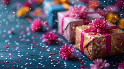 Sticker - a group of wrapped presents with pink flowers. 