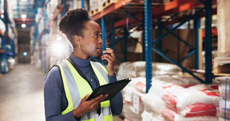 Canvas Print - Inspection, black woman and logistics with radio for communication, stock update and supply chain. Warehouse, discussion and supervisor with tablet for inventory check, quality control and feedback