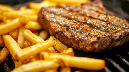 Wall Mural - Close-Up Sizzle A close-up shot of Steak Frites, with the steak sizzling on a grill, accompanied by a pile of crispy fries