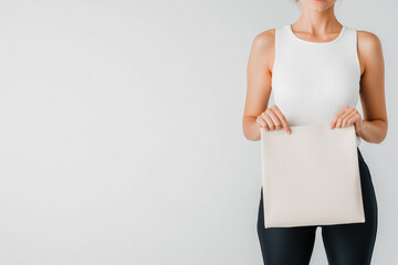 Wall Mural - minimalist presentation, a woman in a fitted white top holds a blank cream canvas, set against a sof