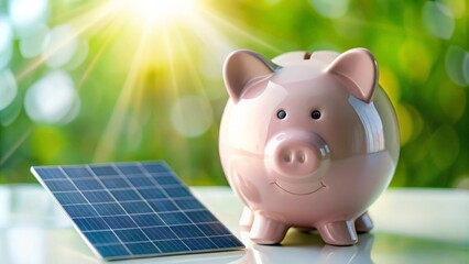 Energy Efficiency Finance - Piggy bank and solar panels with a bokeh effect background.
