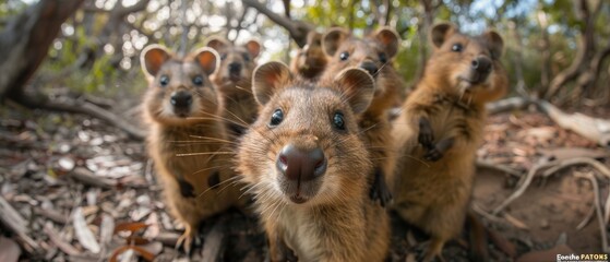 Happy Family of Quokkas Posing Together in a Cute Group Photo at Rottnest Island, Australia