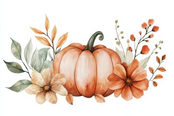 Wall Mural - delicate watercolor pumpkin leaves and flowers in soft pastel shades, isolated on a crisp white background illustration