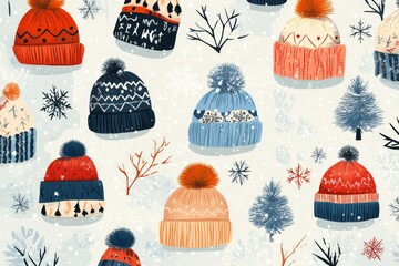 cute vector winter hats for kids in a cold weather scene, with snowflakes and frosty trees, seamless pattern for winter clothes illustration