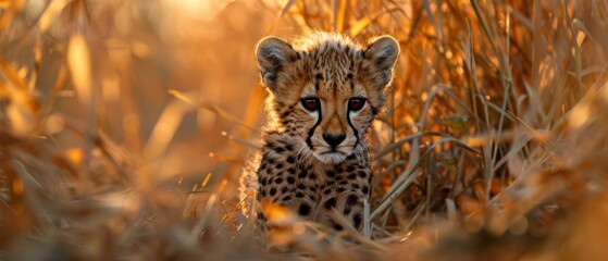 Wall Mural - Curious Baby Cheetah Stalking Quietly Through Lush Tall Grass in the Wild