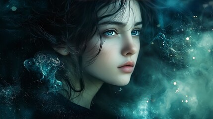 Wall Mural - A serene portrait of a young woman with ethereal elements and a mystical atmosphere.