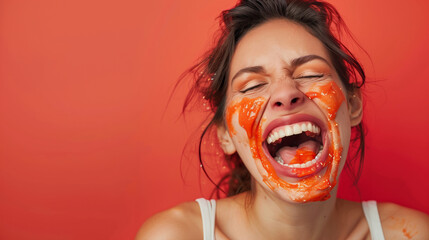 Wall Mural - Woman with messy mouth sauce, red background