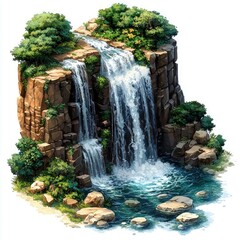 A Cascading Waterfall Surrounded by Lush Greenery