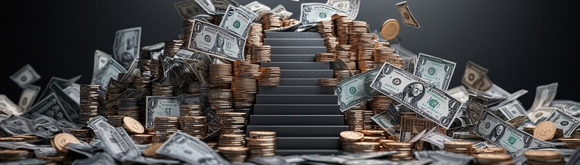 A staircase made from gold coins and dollar bills ascends, surrounded by piles of banknotes and silver coins, representing the journey toward financial prosperity. The image is detailed in ultra-high