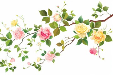 Colorful Botanical floral branch with pink and yellow roses, vibrant green leaves, and delicate garden wildflowers, vector illustration on a white background