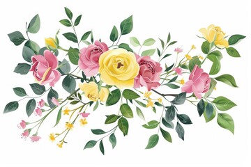 Colorful Sophisticated botanical branch adorned with pink and yellow roses, green foliage, and delicate garden wildflowers, vector illustration on white background