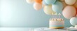 © N0X - Podium with a rainbow-colored birthday cake and multicolored balloons, 3D render, playful and vibrant celebration, joyful atmosphere
