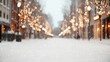 © artem - Snowy winter street with glowing string lights and falling snowflakes