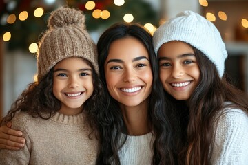 A mother and her two young daughters, all dressed in cozy winter attire, smile warmly together in front of a decorated Christmas tree, showcasing familial love.