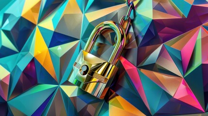 Golden padlock on iridescent geometric background.