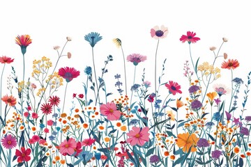 Intricate line art of meadow and garden flowers, with vibrant floral branches, colorful vector illustration on a white background