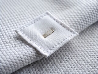 Crisp, white cotton fabric with a small, rectangular, stitched-on label featuring a subtle, repeated pattern of interlocking threads and a plain, sans-serif font.