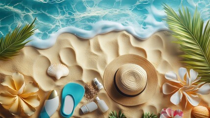 Wall Mural - Orange deckchair, swimming circle, and umbrella on sandy beach top view. Photorealistic