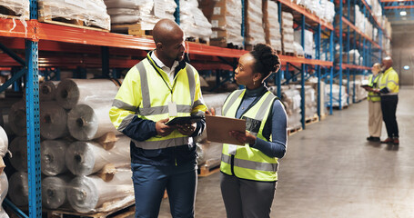 Canvas Print - Business people, dispatcher and inventory with tablet for checking stock, distribution or logistics. Businessman, distributor or supplier with technology for supply chain or storage at warehouse