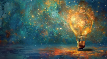 Canvas Print - Glowing Lightbulb on Abstract Galaxy Background.