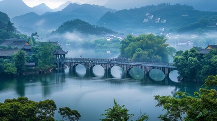 Wall Mural - Scenic Bridge in Misty Mountain Landscape