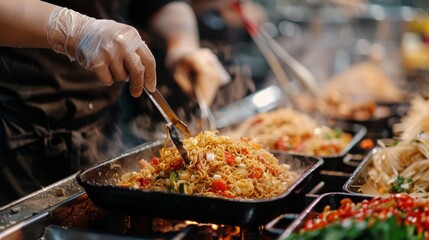 Wall Mural - Street Food Noodles in a Frying Pan