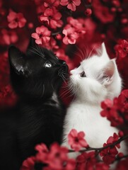 Wall Mural - cat and red rose