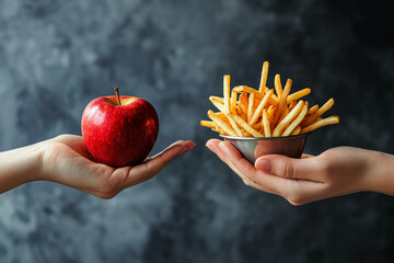 Unhealthy vs healthy food. french fired and apple in different hands on green background . Choice between fast foods and vegetables, fruit.