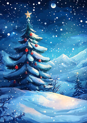 Wall Mural - illustration of a christmas winter scene landscape in beautiful colors for a modern christmas greetings card