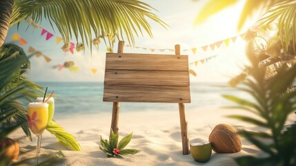 Wall Mural - beach with palm tree and sun