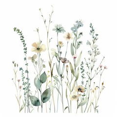 Wall Mural - Watercolor line art of colorful meadow wildflowers and lush leaves, featuring elegant floral branches, vector illustration isolated on a white background