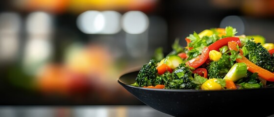 Wall Mural - Vibrant vegetable medley with broccoli, peppers, and corn on a black plate