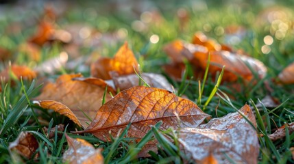 Wall Mural - Autumn Leaves on Dewy Grass