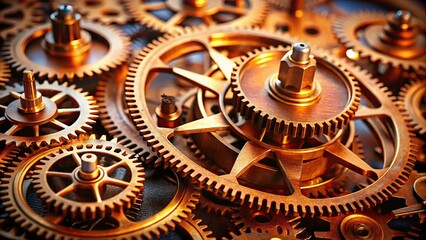 9. A detailed shot of a copper alloy gear mechanism, part of a complex clockwork device, a realistic photo image.