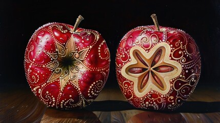 Two Decorated Apples with Golden Detail.