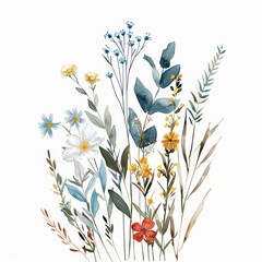 Wall Mural - Watercolor line art of colorful meadow wildflowers and lush leaves, featuring elegant floral branches, vector illustration isolated on a white background