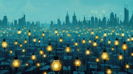 Canvas Print - Cityscape with glowing light bulbs.