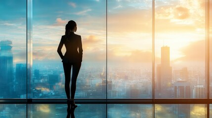 Wall Mural - A silhouette of a businesswoman gazing out at a city skyline during sunset.