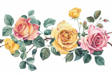 Wall Mural - Artistic botanical floral branch with pink and yellow roses, verdant leaves, and wildflowers, vector illustration on a clean white background