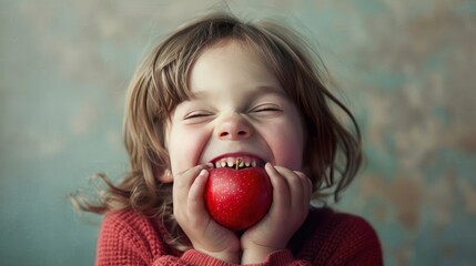 Little girl biting into a red apple.