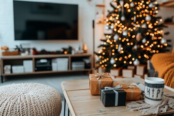 A cozy living room adorned with a Christmas tree, TV, wrapped gifts, and a knitted pouf, capturing the festive holiday ambiance with lights and seasonal decorations.