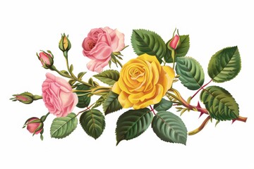 Botanical floral branch, Flower pink, yellow rose, green leaves, garden wildflowers vector illustration on a white background