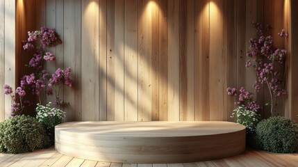 Wall Mural - A wooden stage with a flower arrangement in the background